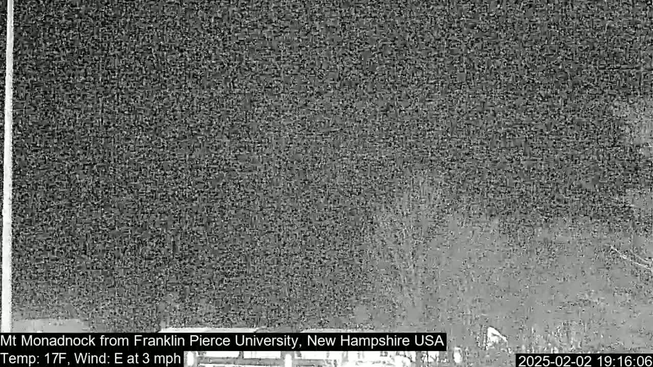A nighttime, low-visibility view of a snow-covered landscape, with a 3 mph easterly wind and a temperature of 17 degrees Fahrenheit.