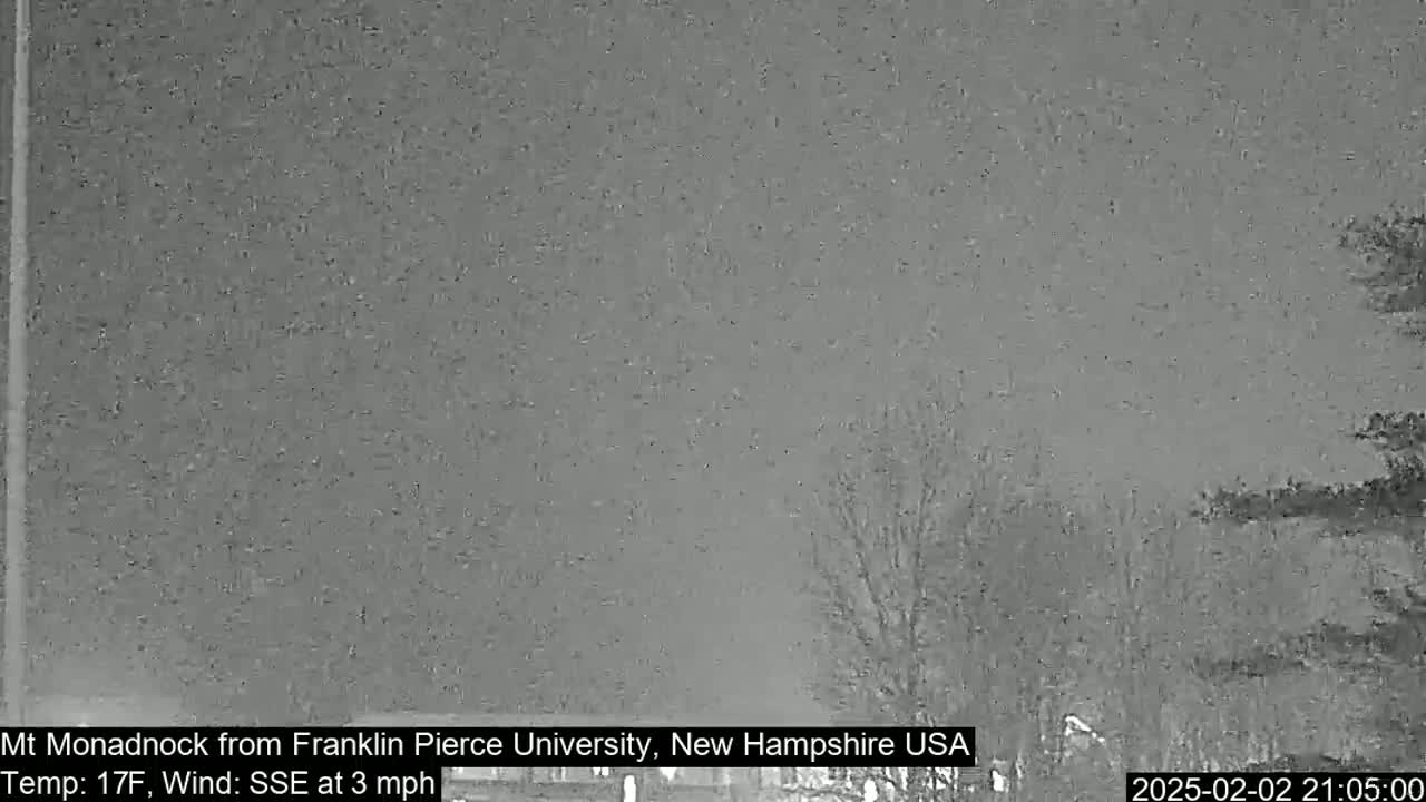 A nighttime view of a snowy landscape with bare trees under a gray sky, showing a light southeast wind.