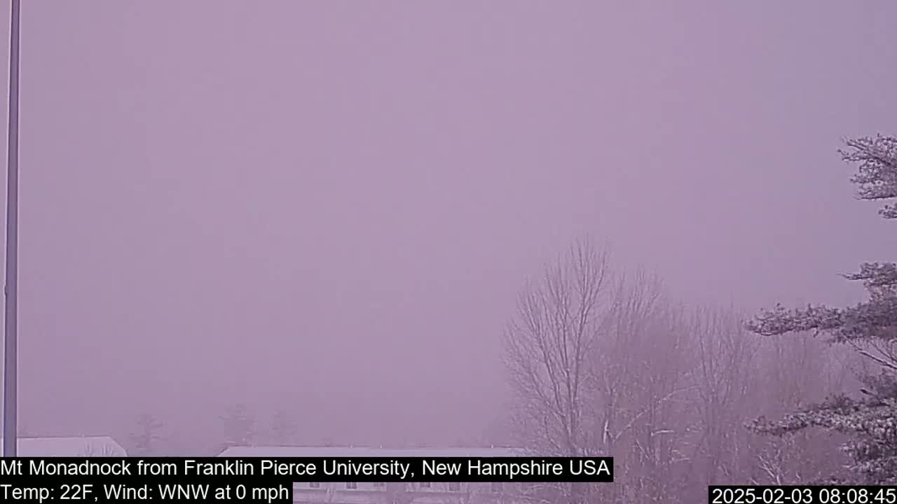 A hazy, snowy landscape is visible, with bare trees and a calm atmosphere.