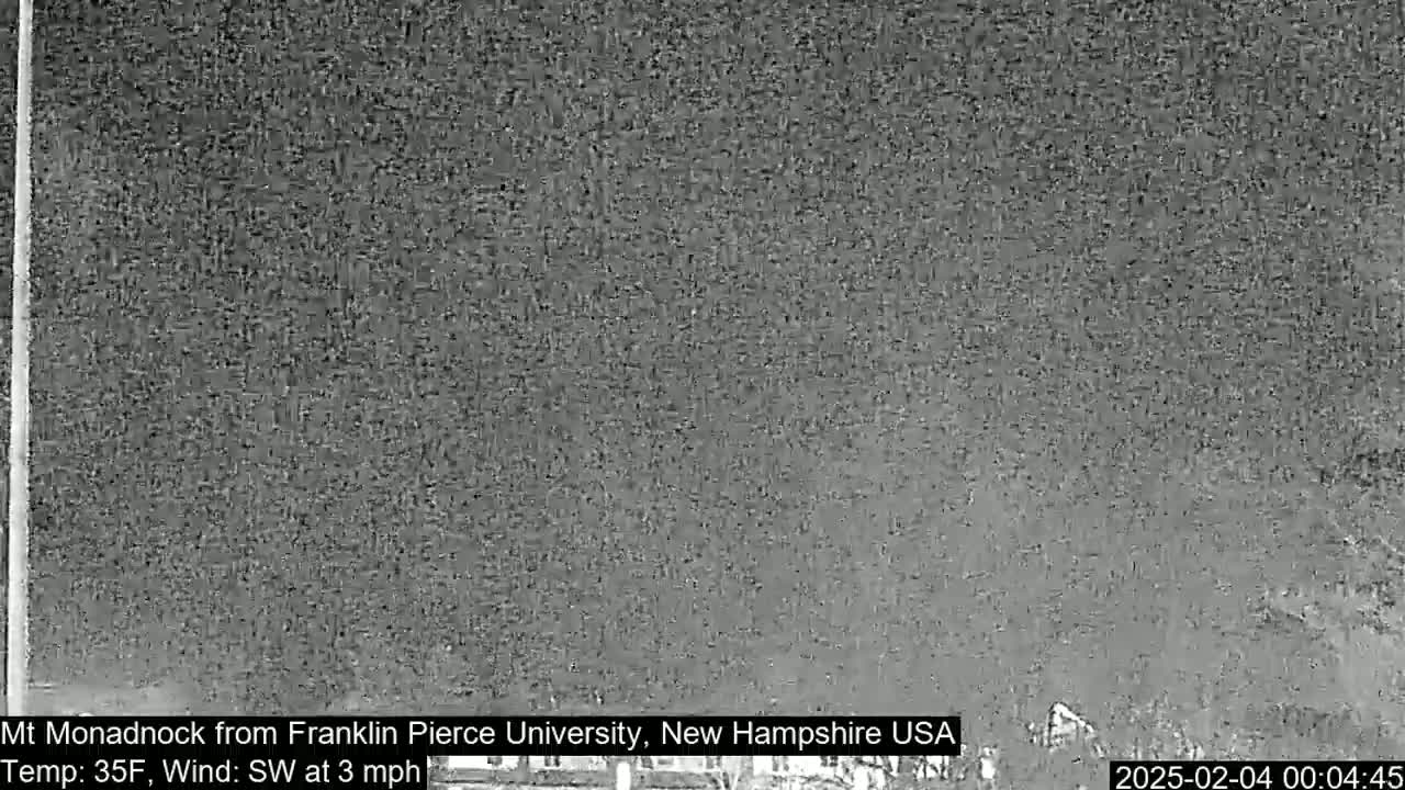 A nighttime, low-resolution view of a dark, possibly snowy landscape with a 35°F temperature and a southwest wind at 3 mph.