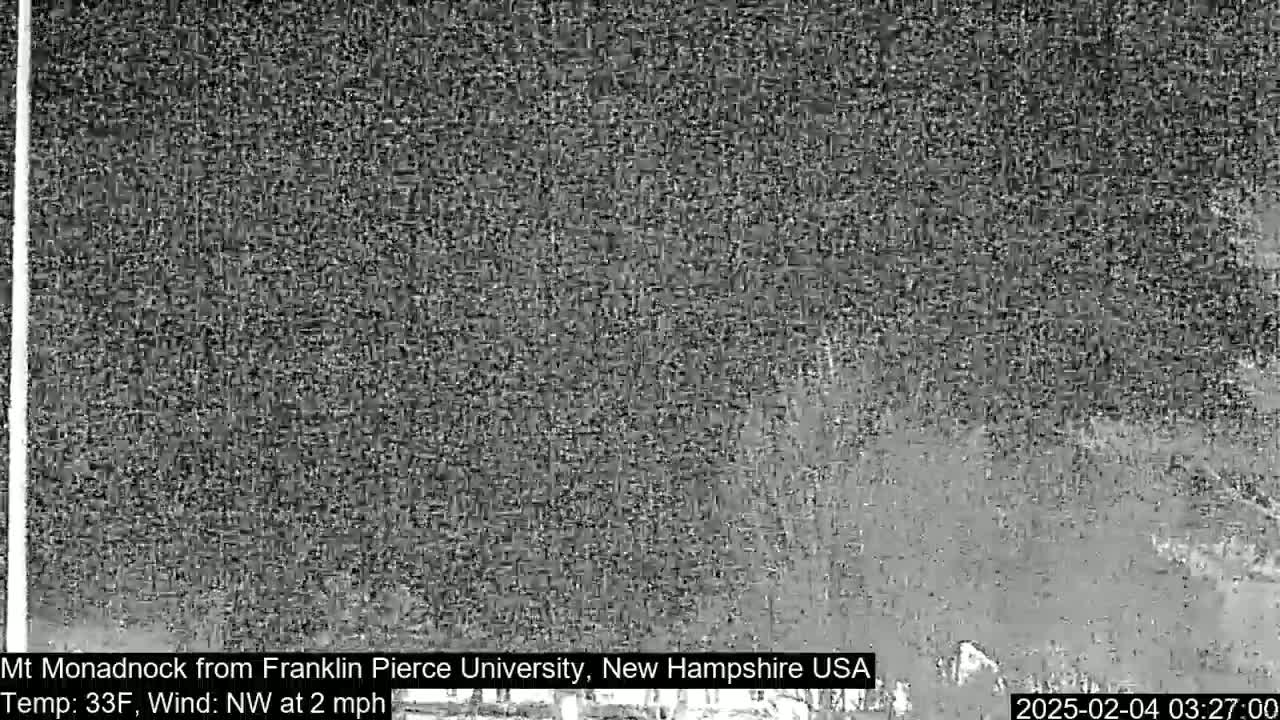 A grainy, low-light image shows a distant, snow-covered landscape under a dark sky with a northwest wind at 2 mph and a temperature of 33°F.