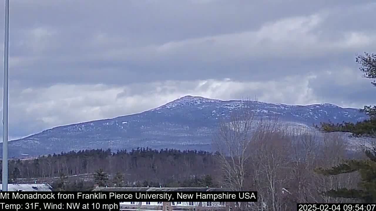 A snow-dusted mountain range is visible under an overcast sky.