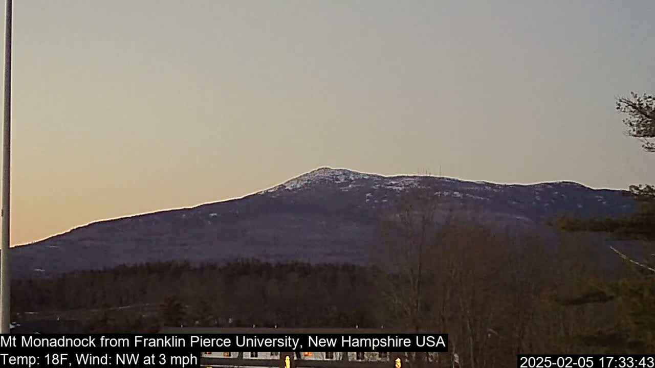 A snow-dusted mountain range is visible under a twilight sky, with a light northwest wind at 3 mph and a temperature of 18 degrees Fahrenheit.