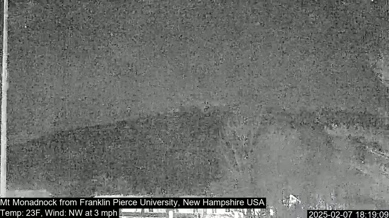 A nighttime, low-resolution grayscale image shows a dark, indistinct landscape under a cloudy sky, with a temperature of 23°F and a northwest wind at 3 mph.