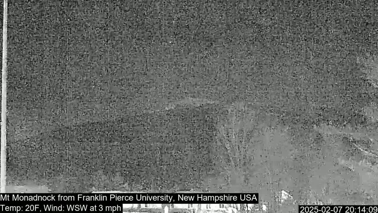 A nighttime, low-visibility view of a distant mountain range under a dark sky with a temperature of 20°F and a westerly-southwesterly wind of 3 mph.