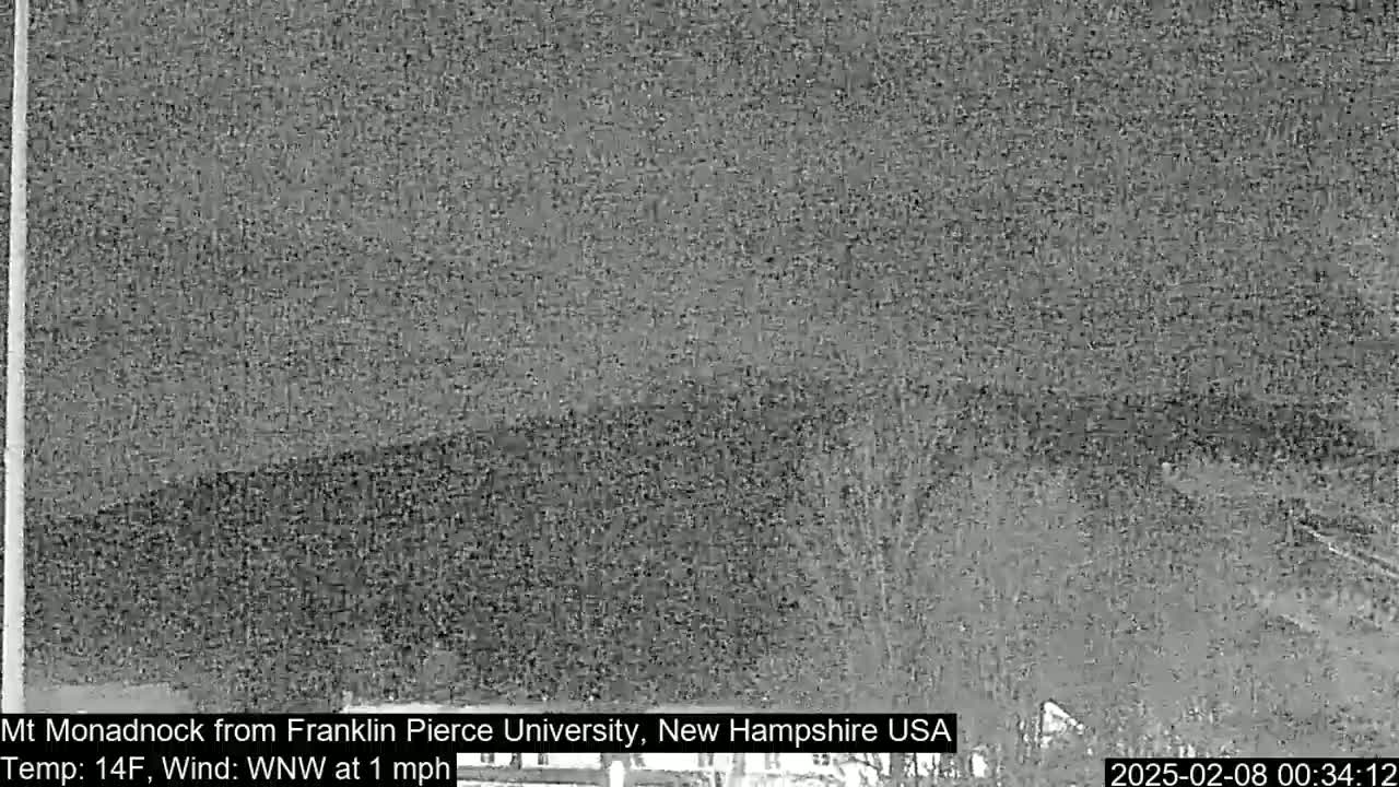 A nighttime, low-light, grainy image shows a dark, blurry landscape under a cloudy sky with a temperature of 14°F and a wind from the west-northwest at 1 mph.