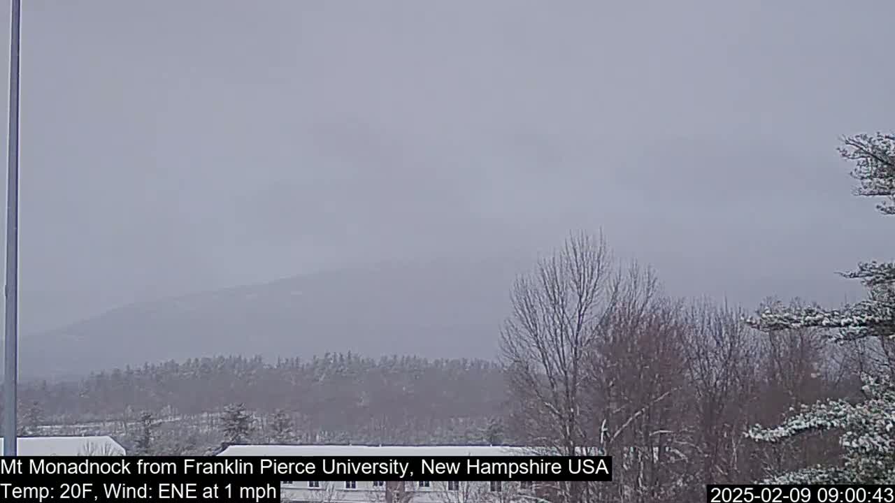 A snow-covered landscape with a hazy mountain in the distance under an overcast sky.