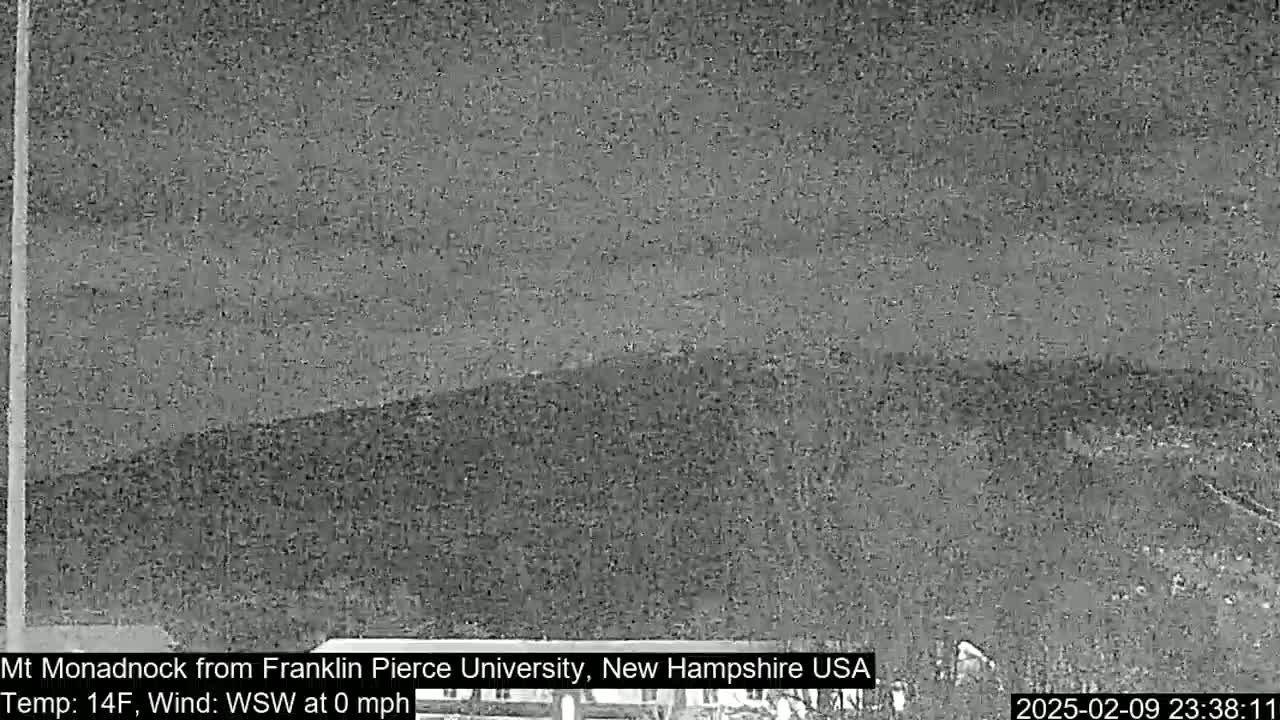 A nighttime, low-resolution grayscale image shows a dark, indistinct mountain range under a cloudy sky, with calm winds and a temperature of 14°F.