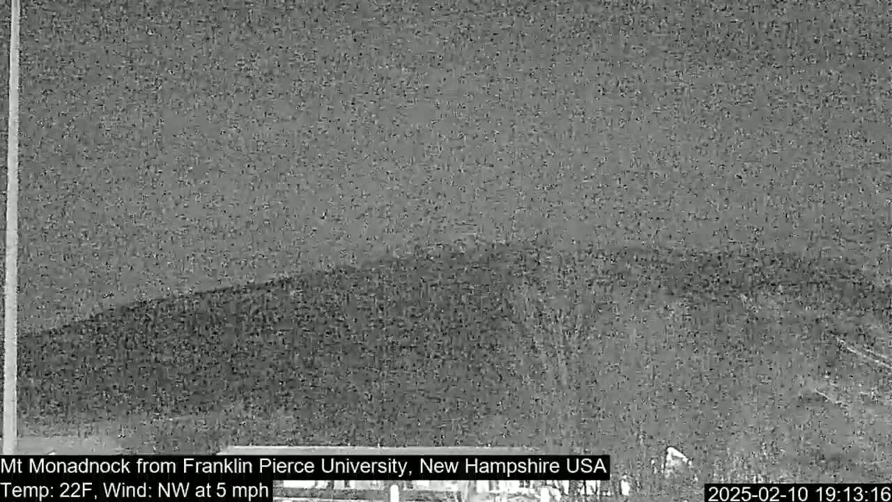 A nighttime, low-light image shows a dark, distant mountain range under a cloudy sky, with a northwest wind at 5 mph and a temperature of 22 degrees Fahrenheit.