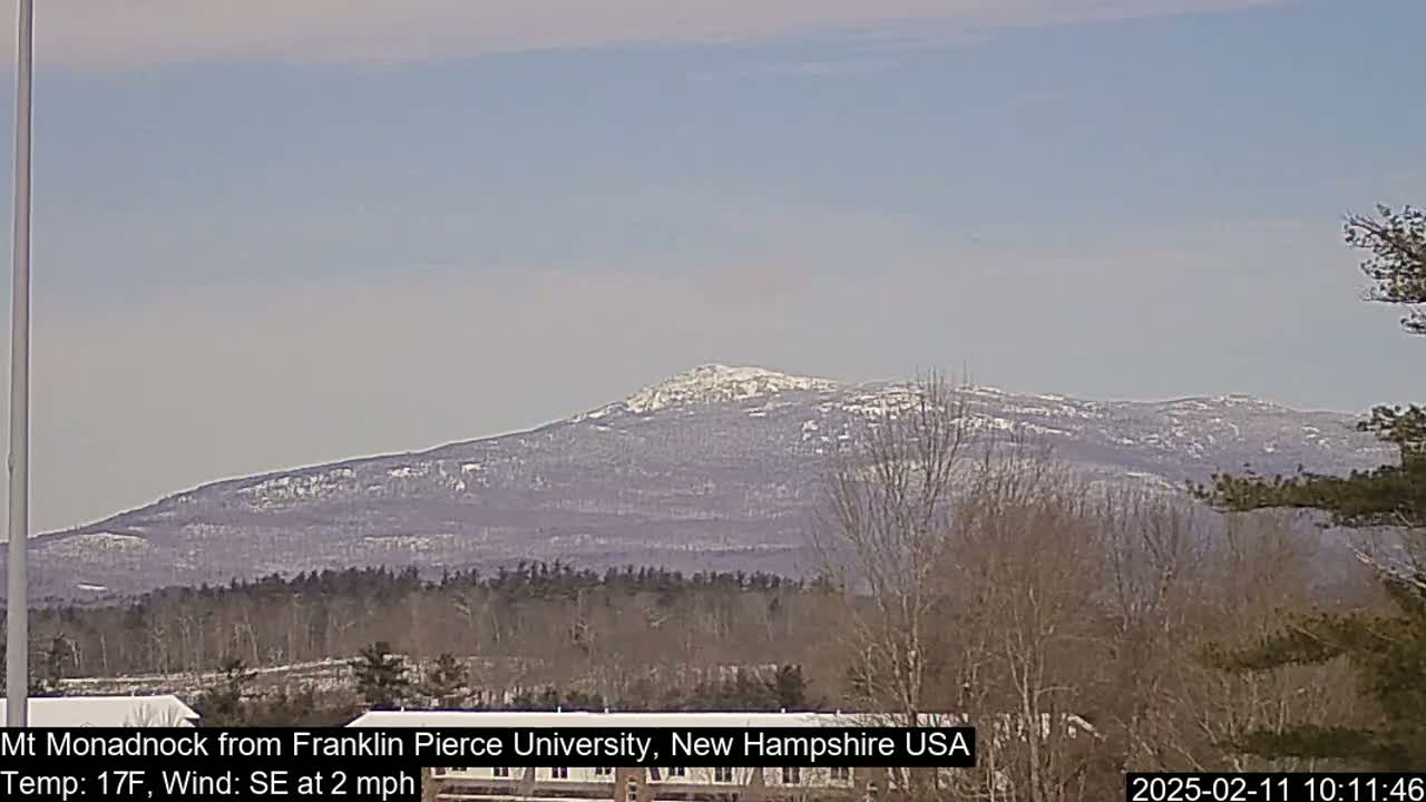 A snow-dusted mountain range is visible in the distance under a clear, light-blue sky, with bare trees in the foreground.