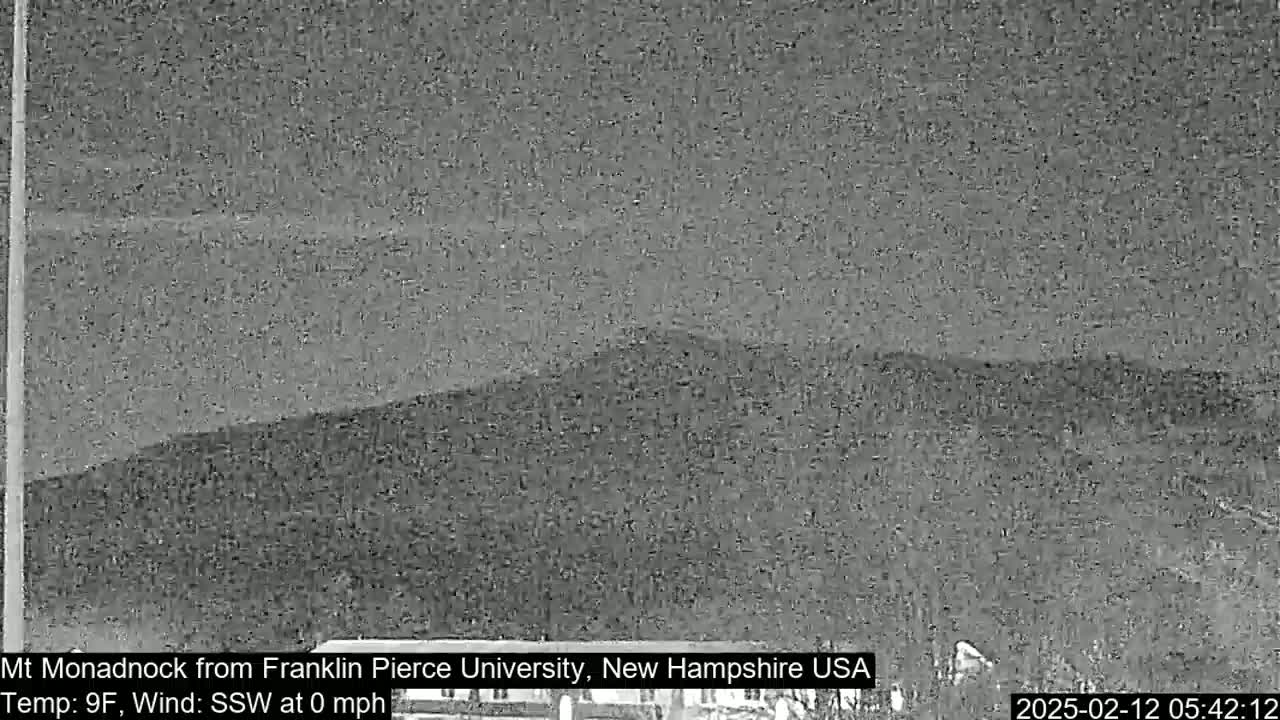 A nighttime, grayscale image shows a distant mountain range under a clear sky with a temperature of 9°F and calm winds.
