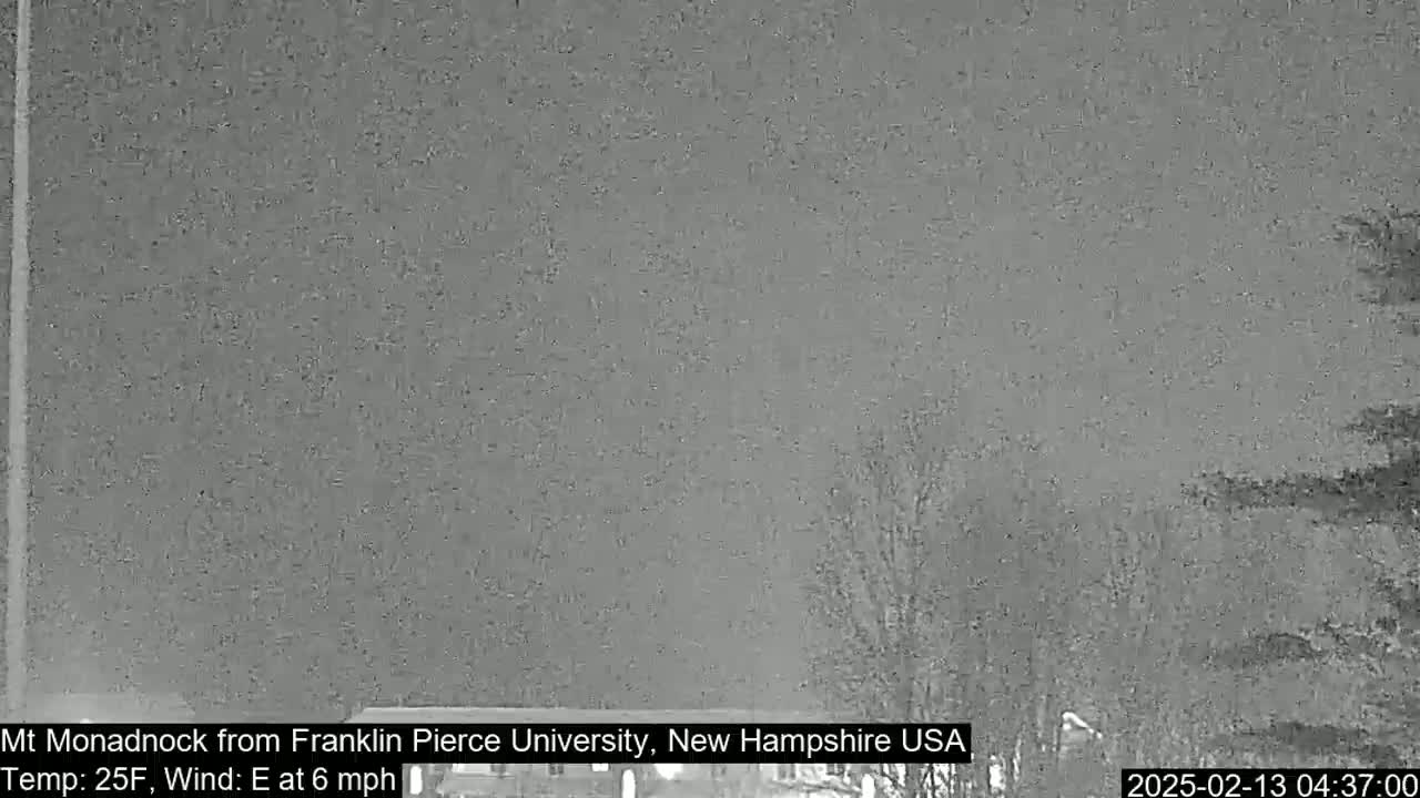 A nighttime, low-visibility view of a mostly bare landscape under a dark, possibly overcast sky with a light east wind.