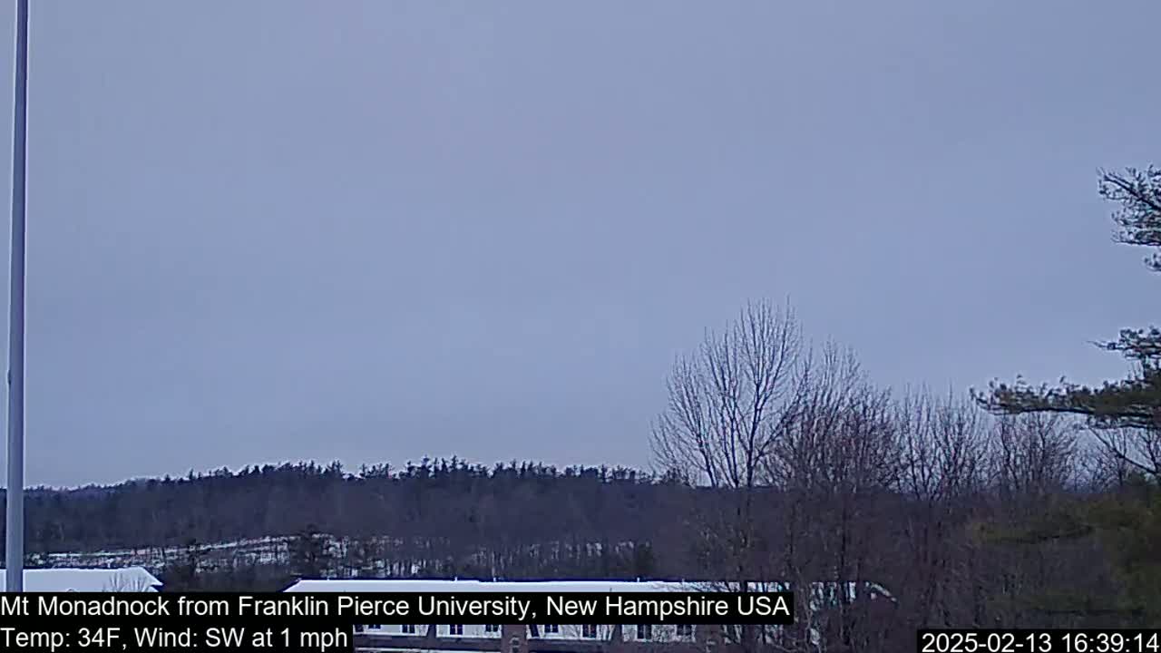A distant view of a snow-covered landscape with bare trees under a pale, overcast sky.