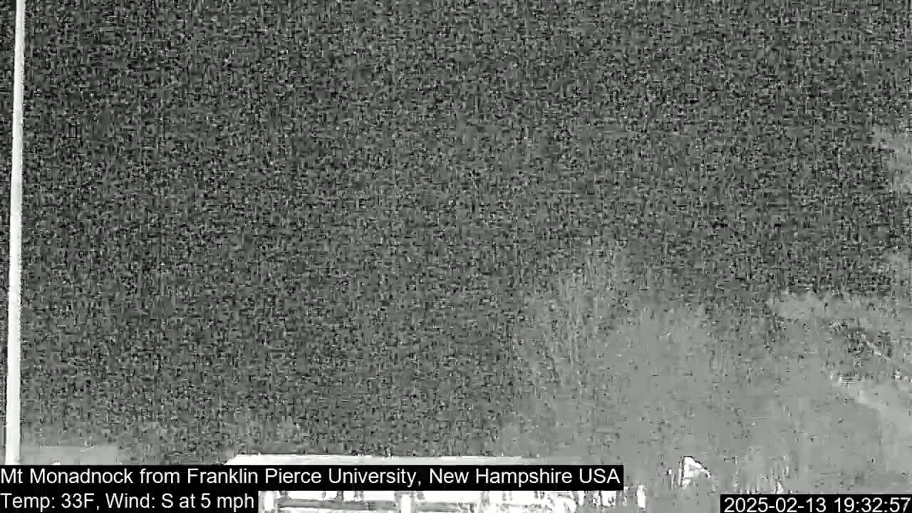 A nighttime, grainy image shows a dark, indistinct view of a landscape under a cloudy sky with a temperature of 33°F and a south wind at 5 mph.