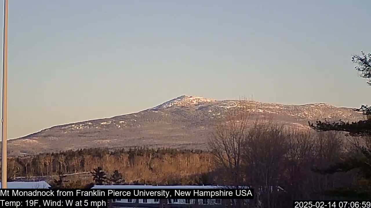 A snow-dusted mountain is visible in the distance, under a clear, light-blue sky, with bare trees in the foreground.