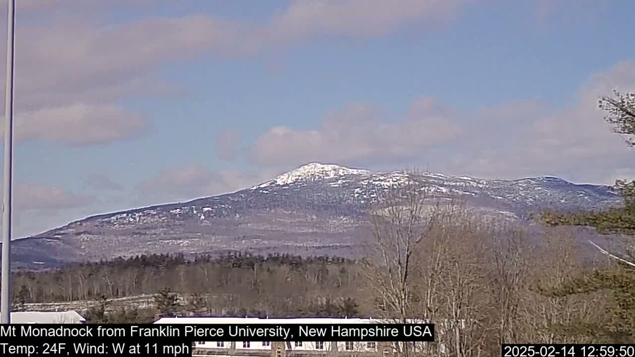 A snow-dusted mountain range is visible under a partly cloudy sky, with bare trees in the foreground.