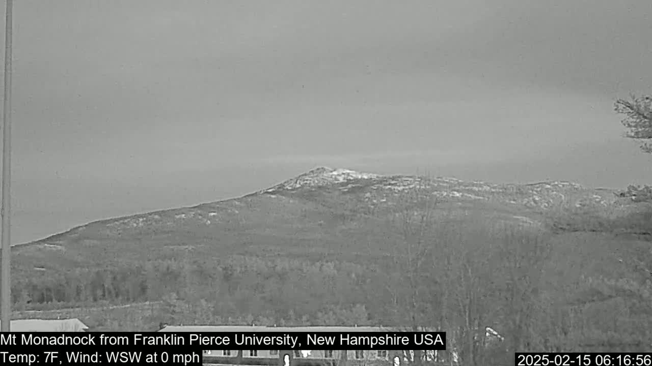 A snow-dusted mountain is visible in the distance under a gray sky, with calm weather conditions.