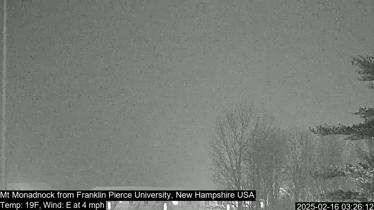 A nighttime, grayscale view of bare trees and a distant mountain under a cloudy sky, with an easterly wind at 4 mph and a temperature of 19°F.
