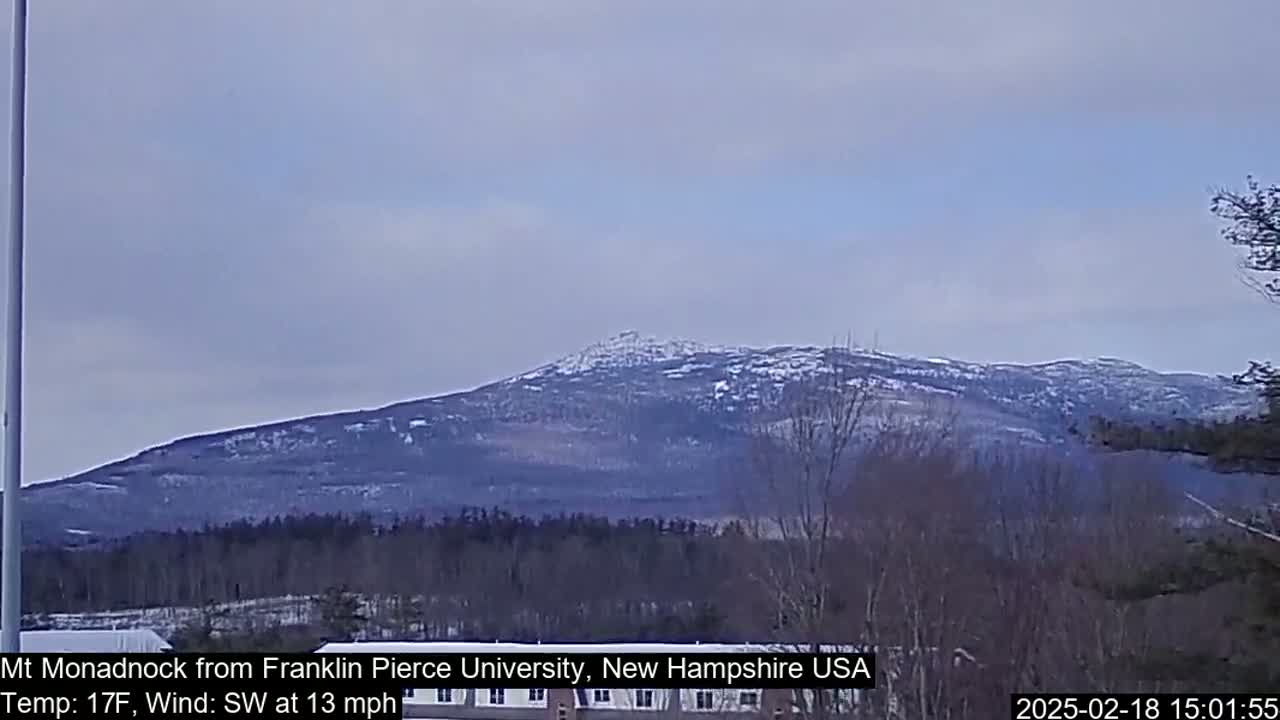 A snow-dusted mountain range is visible under a cloudy sky.