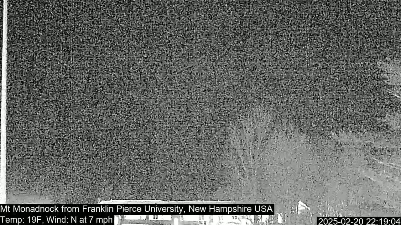 A nighttime, low-light view shows a dark, possibly snowy landscape with a 19°F temperature and a northerly wind of 7 mph.