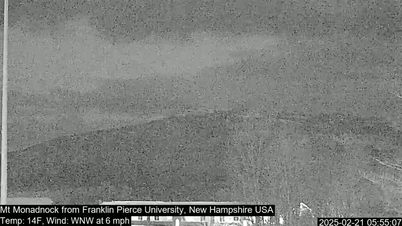 A distant, blurry view of a mountain range under an overcast sky, with a temperature of 14°F and a wind blowing from the west-northwest at 6 mph.