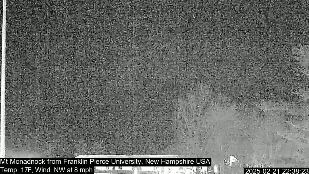 A nighttime, grainy image shows a dark, blurry view of a landscape under a cloudy sky, with a northwest wind at eight miles per hour and a temperature of seventeen degrees Fahrenheit.