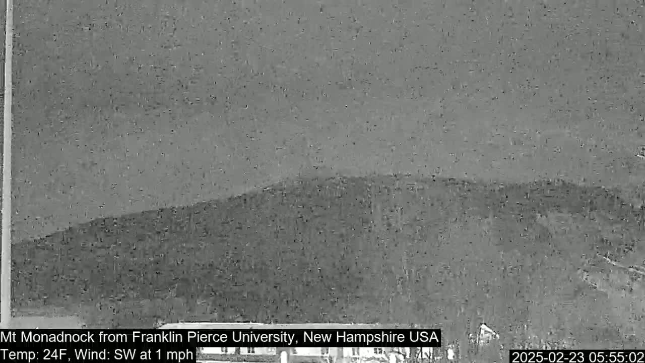A nighttime, grayscale image shows a hill or mountain under a dark sky with a southwest wind of 1 mph and a temperature of 24 degrees Fahrenheit.