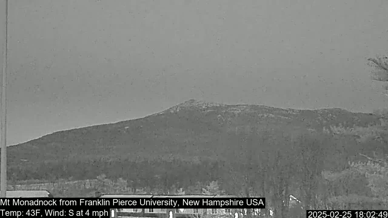 A distant, snow-dusted mountain is visible under a gray sky, with a slight south wind.
