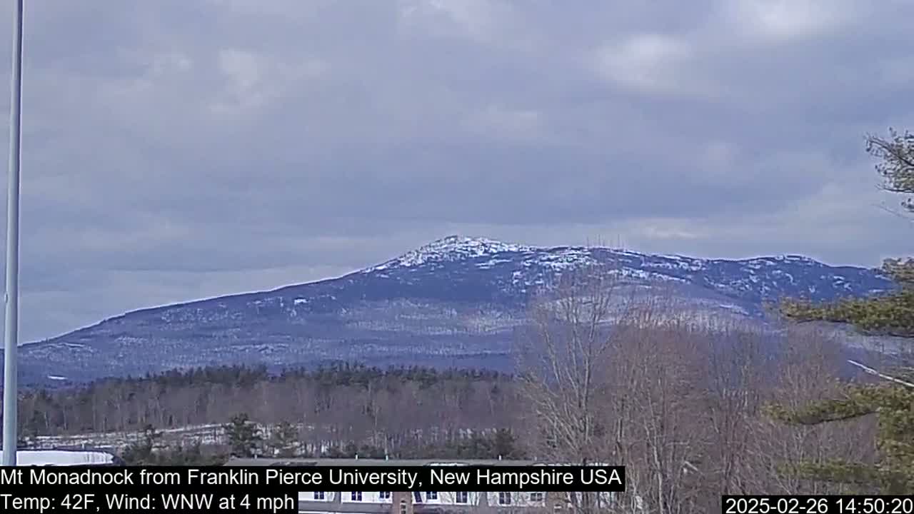 A snow-dusted mountain range is visible under a cloudy sky.
