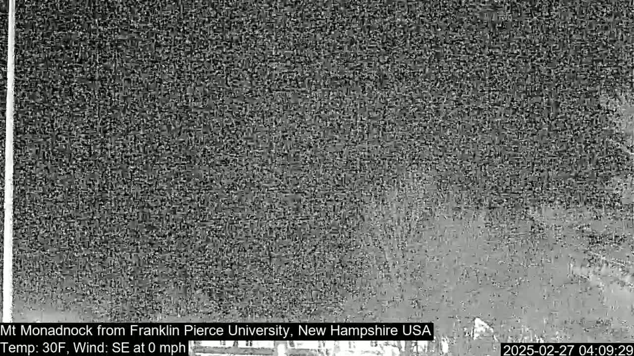 A low-resolution, grayscale image shows a snowy or overcast landscape with little to no wind.
