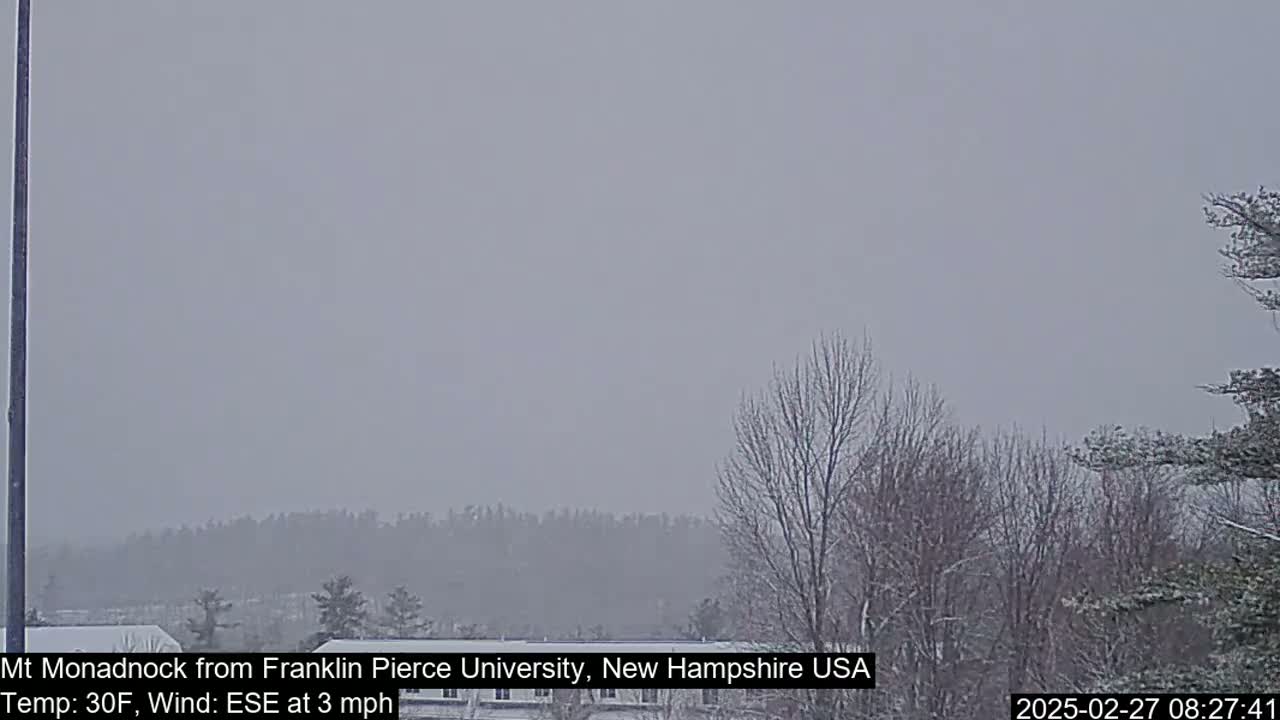 A snow-covered landscape with bare trees is visible under an overcast sky.