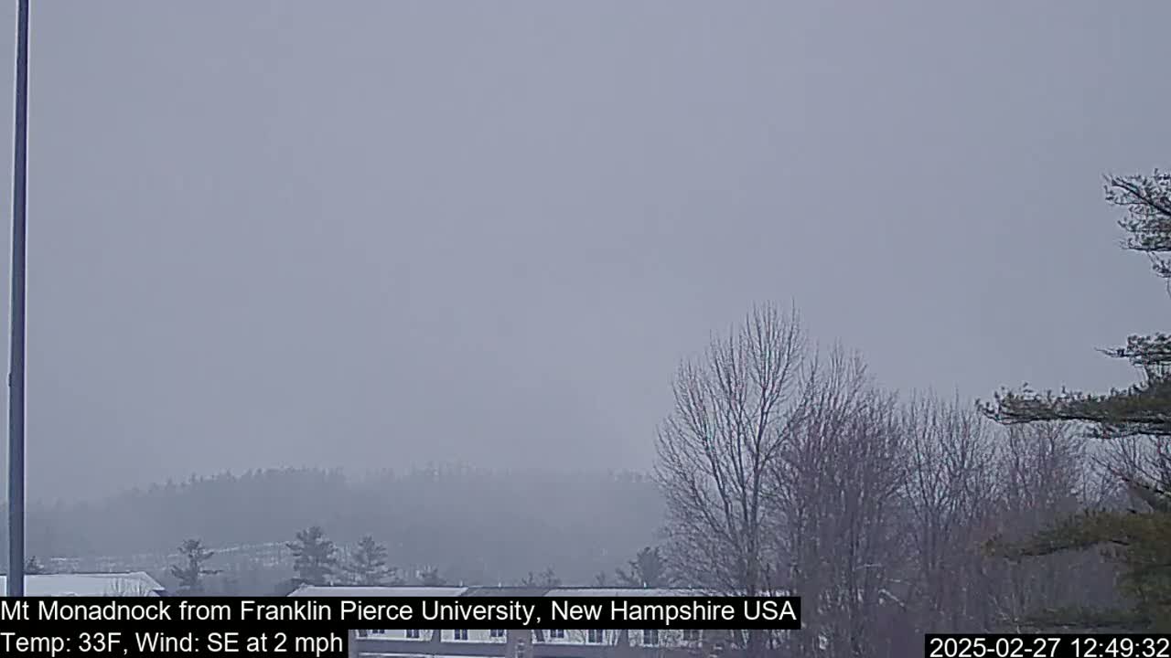 A hazy, overcast view of a distant mountain range and bare trees, with a light southeast wind.