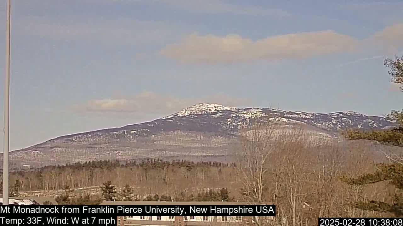 A snow-dusted mountain range is visible in the distance under a mostly clear sky, with bare trees and a few evergreens in the foreground.