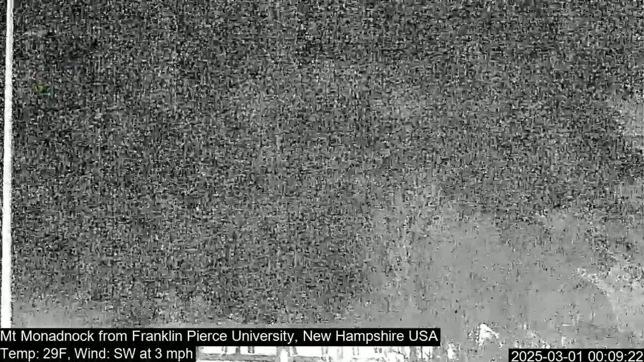 A grainy, low-resolution image shows a distant mountain range on a cold day with a southwest wind of 3 mph.
