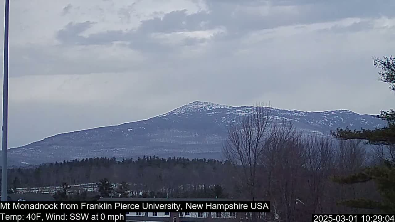 A snow-dusted mountain rises in the distance under a cloudy sky.