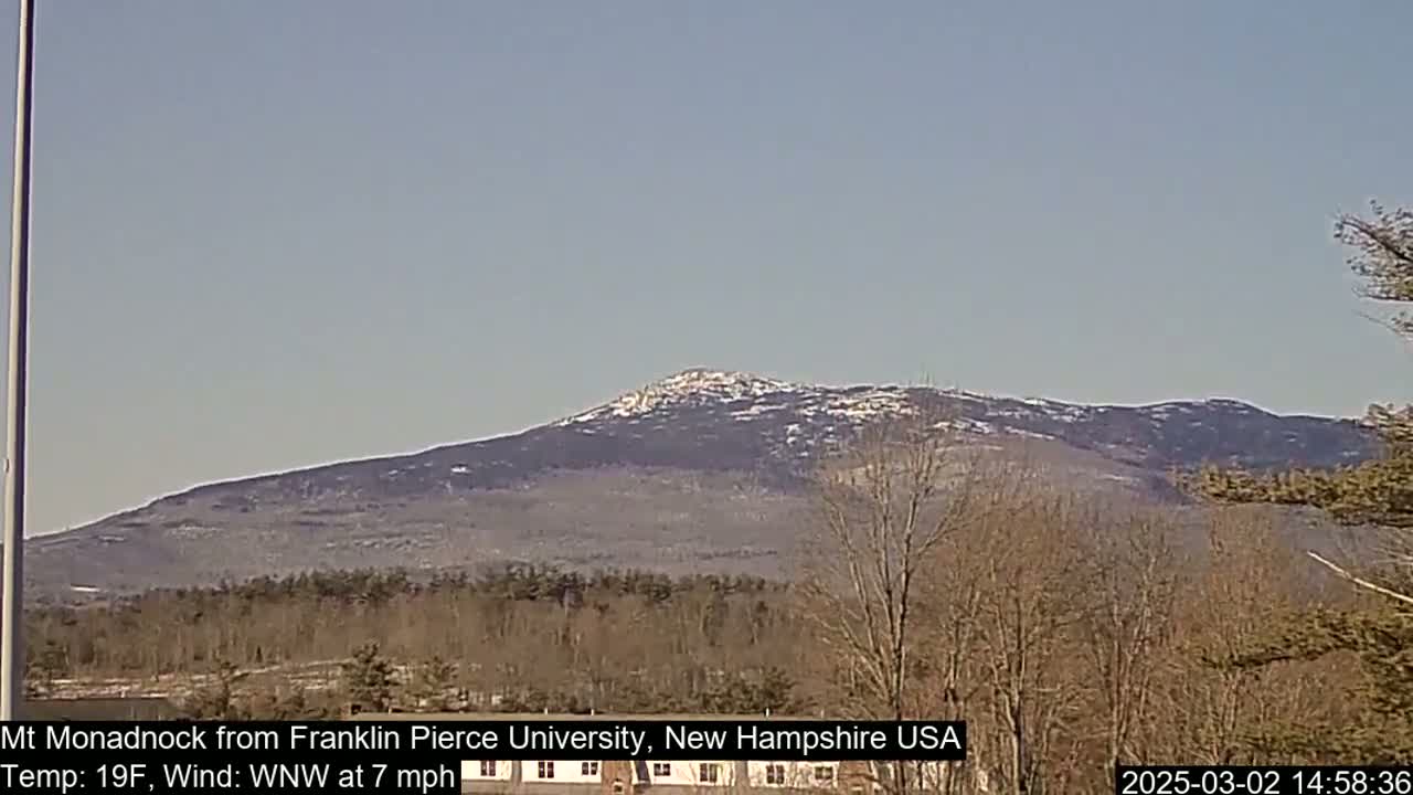 A snow-dusted mountain is visible in the distance under a clear, light-blue sky.