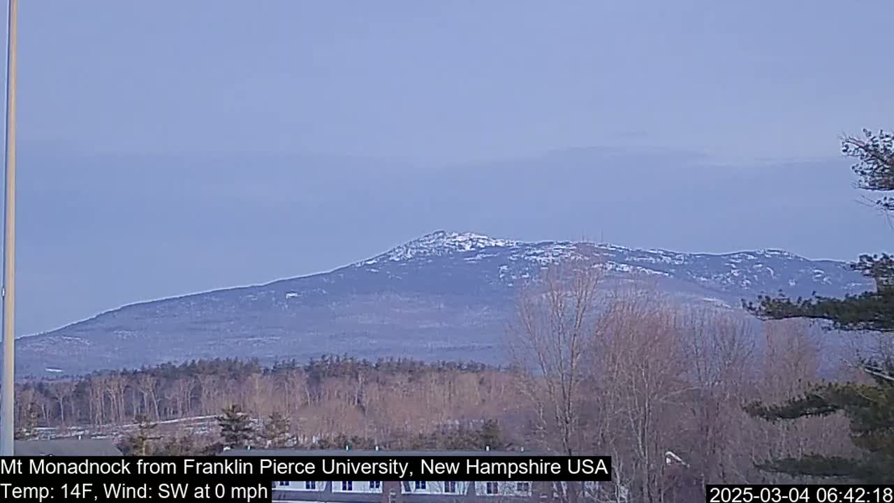 A snow-capped mountain is visible in the distance under a pale blue, clear sky.