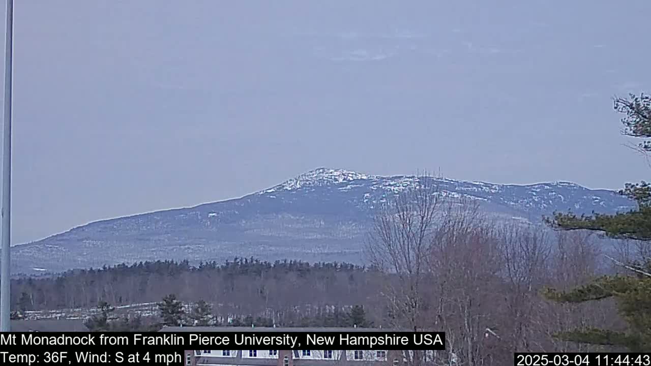 A snow-capped mountain is visible in the distance under a hazy, light gray sky.