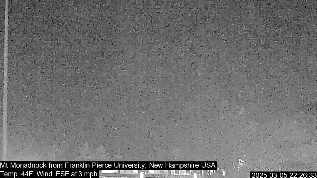 A nighttime, low-light view of a dark, mostly featureless landscape under a cloudy sky, with a slight wind blowing from the east-southeast at 3 mph and a temperature of 44°F.