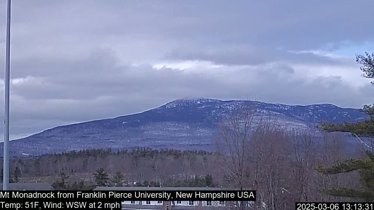 A snow-dusted mountain range is visible under a cloudy sky.