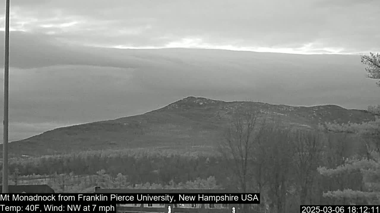 A grayscale view of a tree-covered hill under a mostly cloudy sky with a northwest wind.