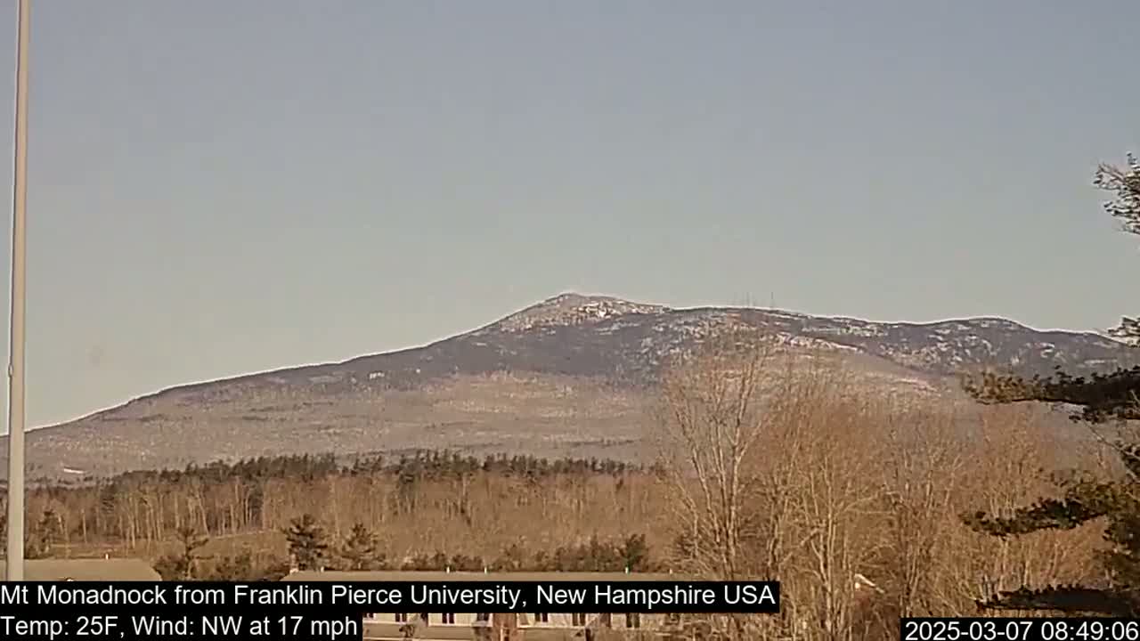 A snow-dusted mountain range is visible in the distance under a clear, pale blue sky, with bare, brown trees in the foreground.