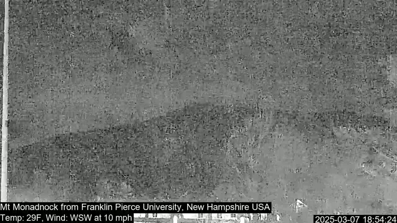 A blurry, grayscale image shows a mountain range under a dark sky with a 29°F temperature and a 10 mph wind from the west-southwest.
