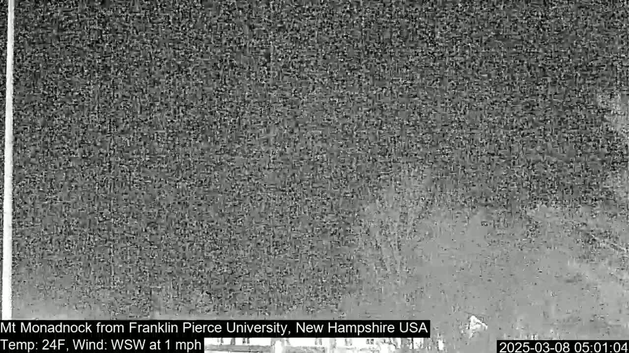 A blurry, grayscale image shows a distant mountain under a cloudy sky with a light wind.