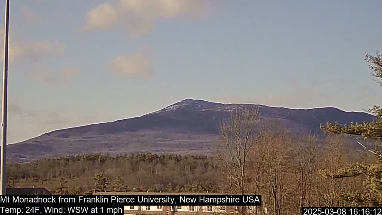 A partially snow-covered mountain is visible in the distance under a mostly clear sky, with bare trees in the foreground.