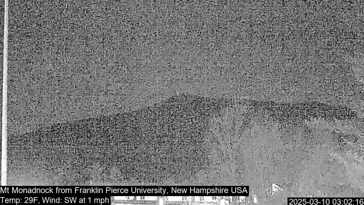 A nighttime, low-resolution image shows a dark, blurry view of Mt. Monadnock under a dark sky with a 29°F temperature and a 1 mph southwest wind.