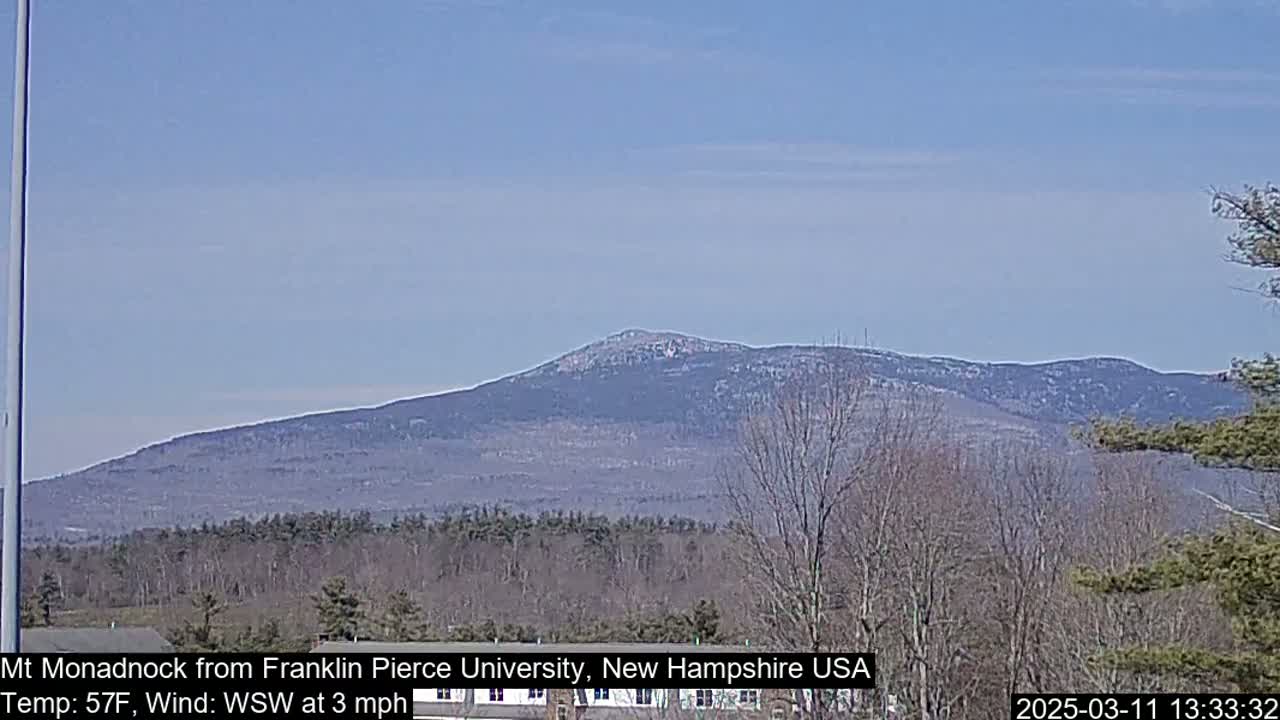 A snow-dusted mountain range is visible under a clear, light-blue sky, with bare trees in the foreground.