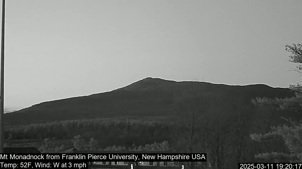 A large, dark mountain is visible under a light gray sky with a gentle west wind.
