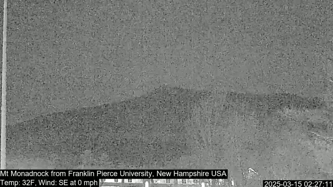 A nighttime, low-light image shows a dark, blurry mountain range under a calm, dark sky.