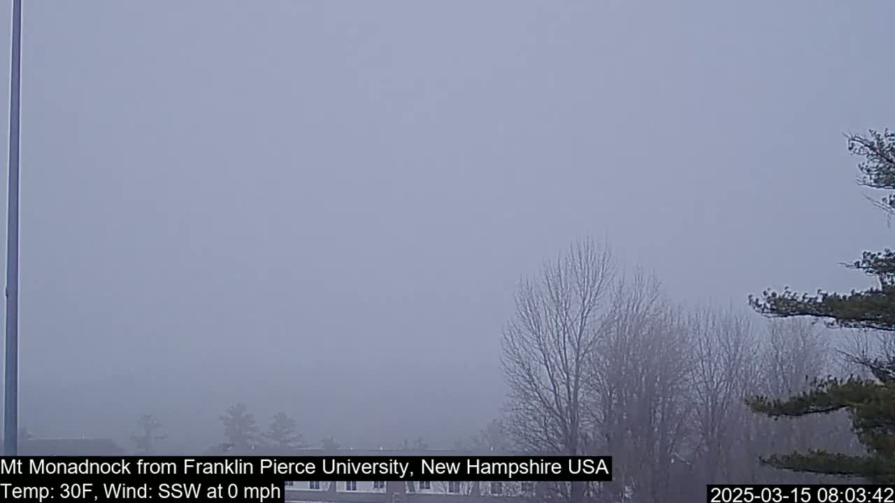 A foggy, 30-degree Fahrenheit landscape is visible, featuring bare trees and a distant building.